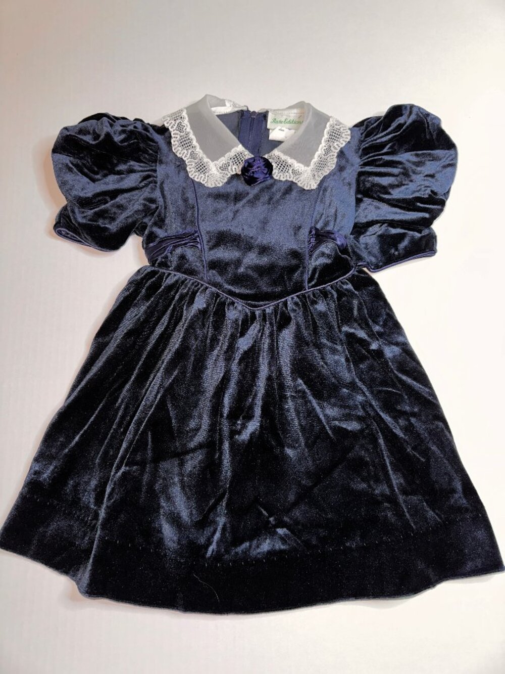 VTG Rare Editions Velvet Dress Girls 4 Royal Blue Lace Collar V-waist USA #738